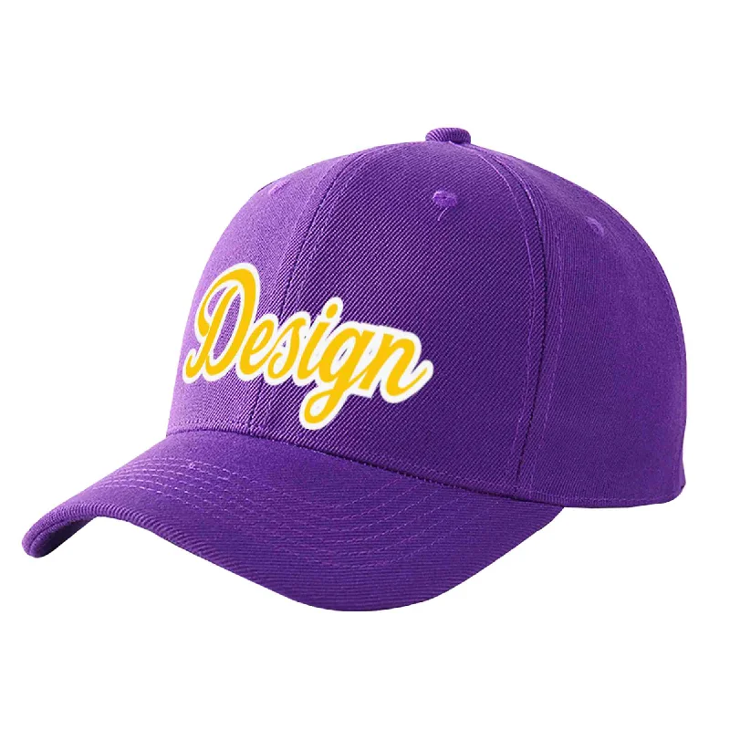 Baseball cap material comparisonCustom Purple Gold-White Curved Eaves Sport Design Baseball Cap