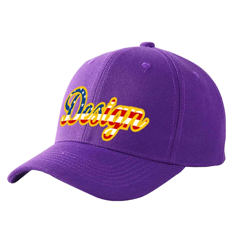 Newest baseball cap releasesCustom Purple Vintage USA Flag-Gold Curved Eaves Sport Design Baseball Cap