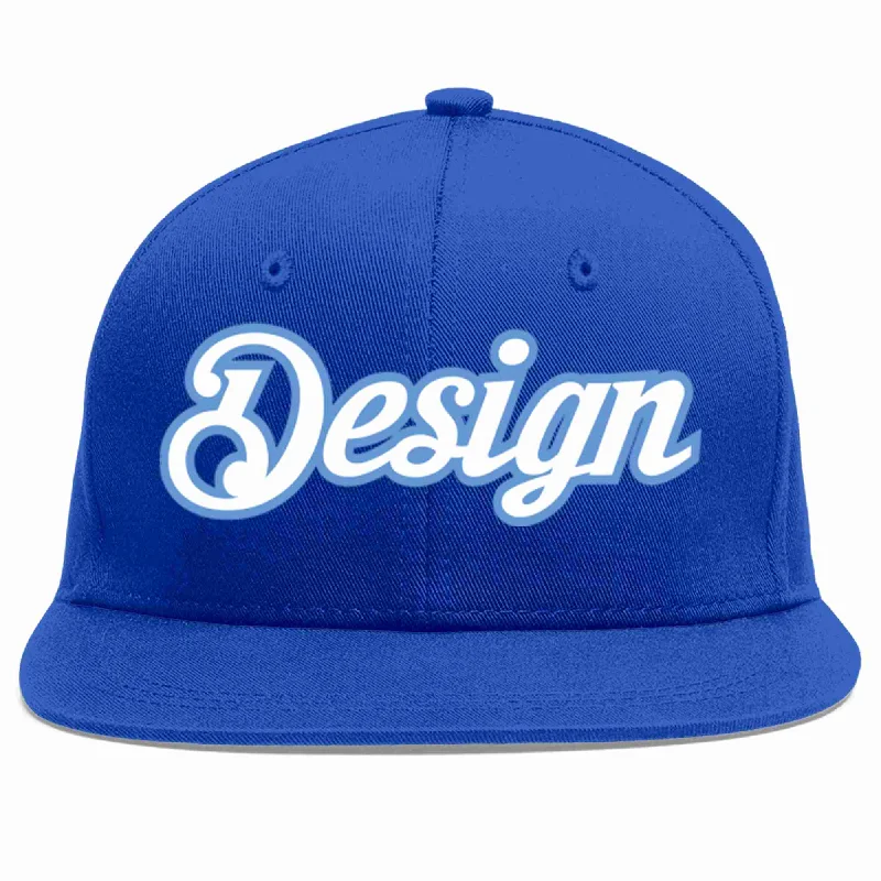 Baseball caps for womenCustom Royal White-Light Blue Flat Eaves Sport Baseball Cap Design for Men/Women/Youth