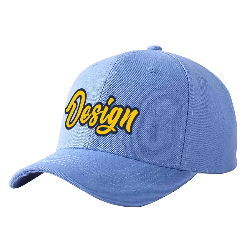 Baseball caps for summerCustom Sky Blue Gold-Navy Curved Eaves Sport Design Baseball Cap