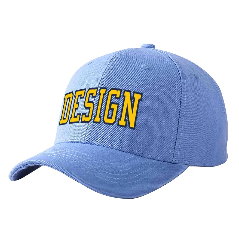 Baseball cap sets and bundlesCustom Sky Blue Gold-Navy Curved Eaves Sport Design Baseball Cap