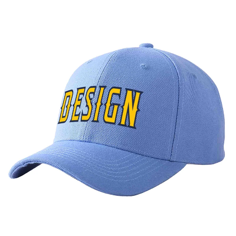 Baseball caps for outdoor activitiesCustom Sky Blue Gold-Navy Curved Eaves Sport Design Baseball Cap