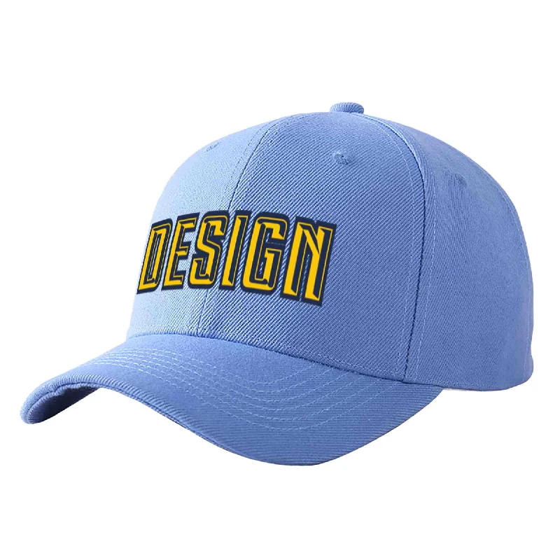 Baseball cap material comparisonCustom Sky Blue Gold-Navy Curved Eaves Sport Design Baseball Cap