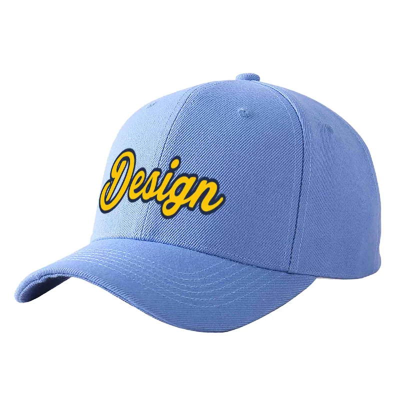 Newest baseball cap releasesCustom Sky Blue Gold-Navy Curved Eaves Sport Design Baseball Cap