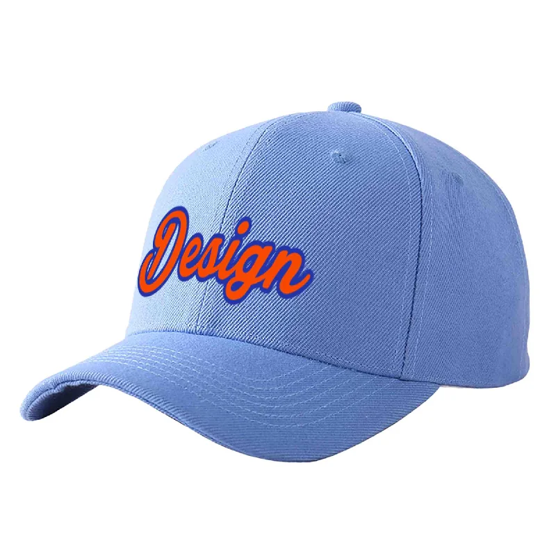 Baseball caps for specific teamsCustom Sky Blue Orange-Royal Curved Eaves Sport Design Baseball Cap