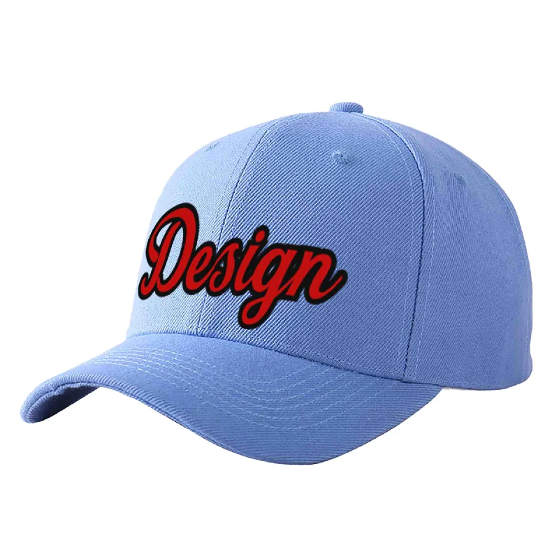 Baseball caps for specific leaguesCustom Sky Blue Red-Black Curved Eaves Sport Design Baseball Cap