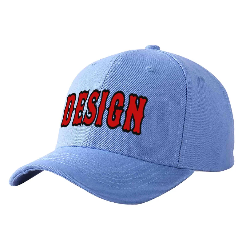 Functional baseball caps for specific needsCustom Sky Blue Red-Black Curved Eaves Sport Design Baseball Cap