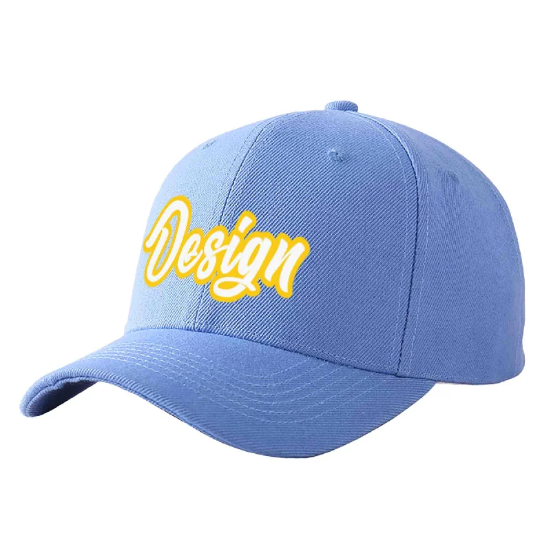 Baseball cap size guideCustom Sky Blue White-Gold Curved Eaves Sport Design Baseball Cap