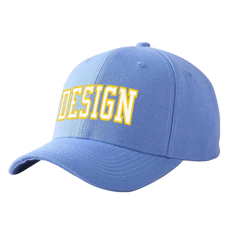 Vintage-style baseball capsCustom Sky Blue White-Gold Curved Eaves Sport Design Baseball Cap