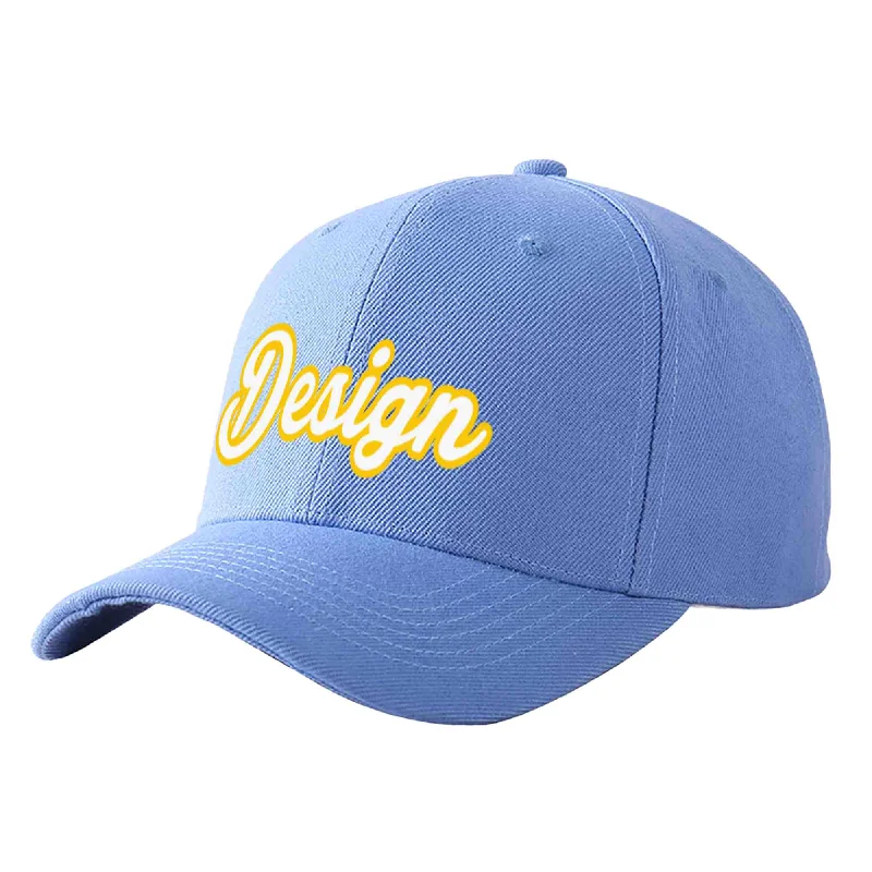 Baseball caps for specific leaguesCustom Sky Blue White-Gold Curved Eaves Sport Design Baseball Cap