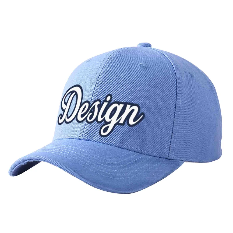 Baseball caps for different occasionsCustom Sky Blue White-Navy Curved Eaves Sport Design Baseball Cap