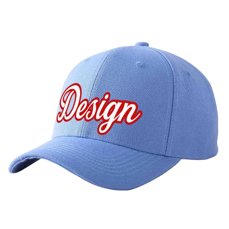 How to style a baseball cap with outfitsCustom Sky Blue White-Red Curved Eaves Sport Design Baseball Cap